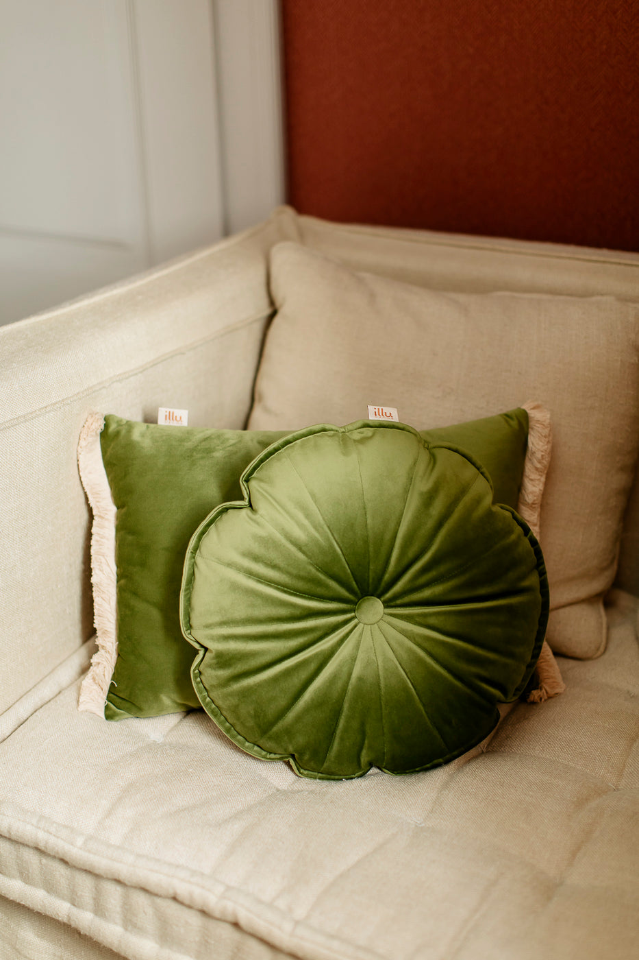 velvet cushions on an armchair
