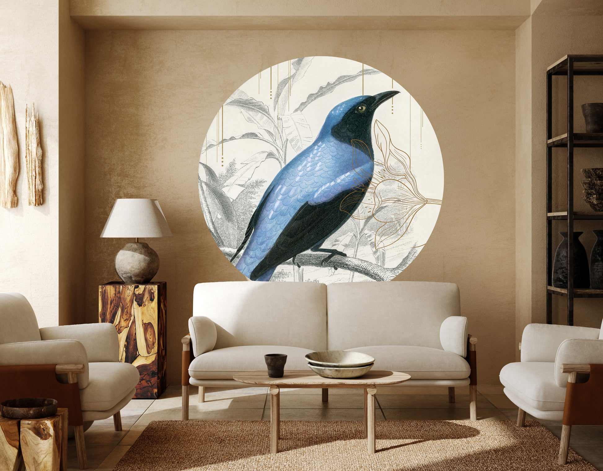 Blue bird wallpaper on the wall of a cozy room