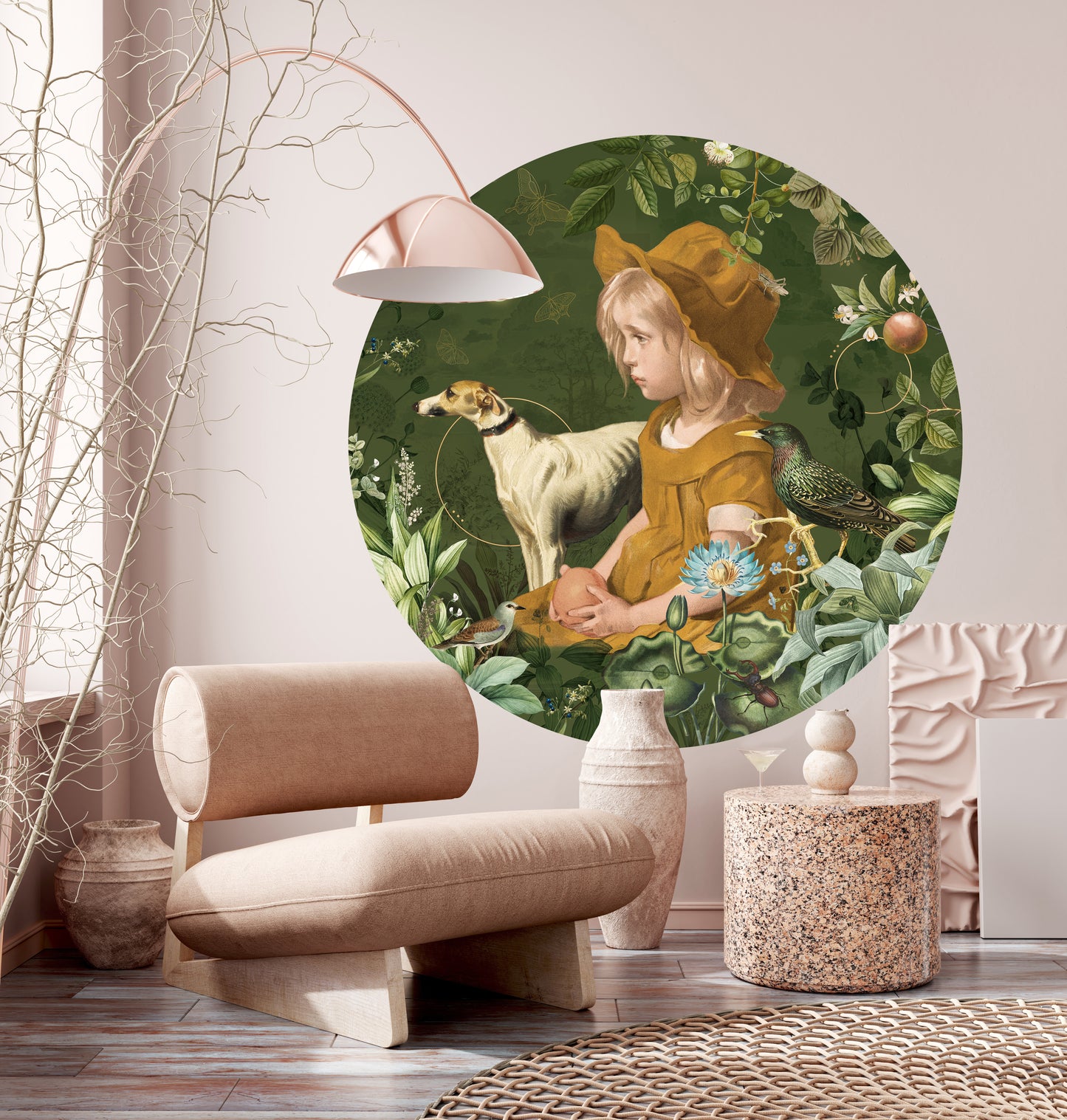 Modern interior with botanical vintage girl wallpaper