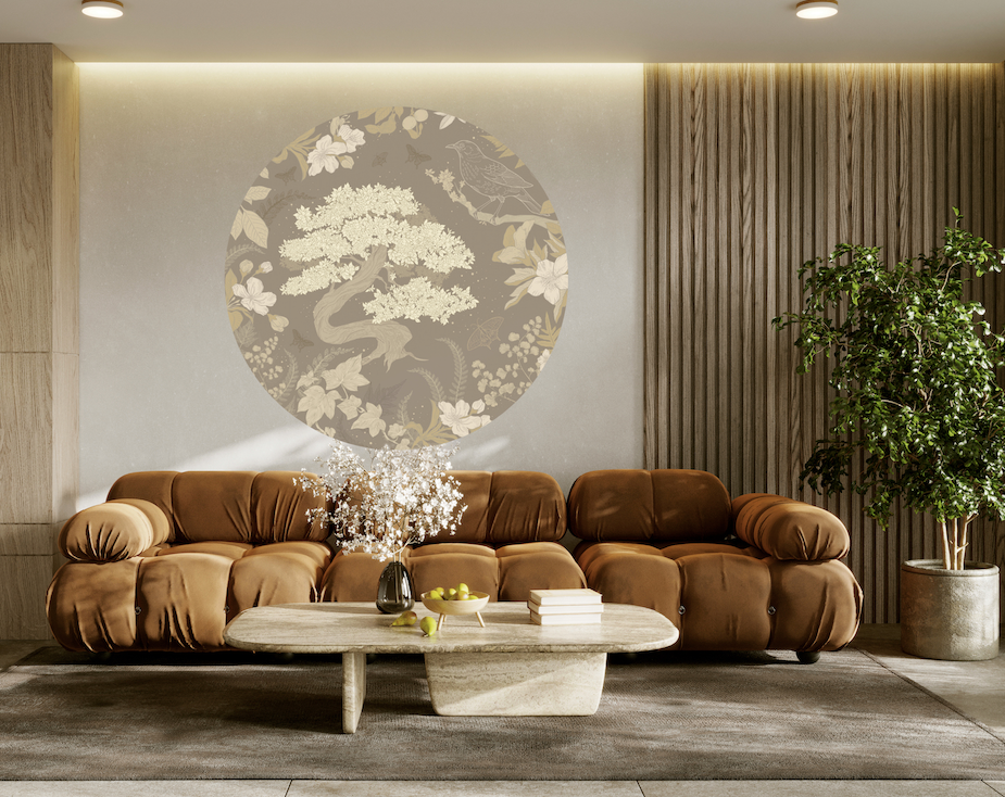 beautiful modern cozy interior with round beige wallpaper on the wall.