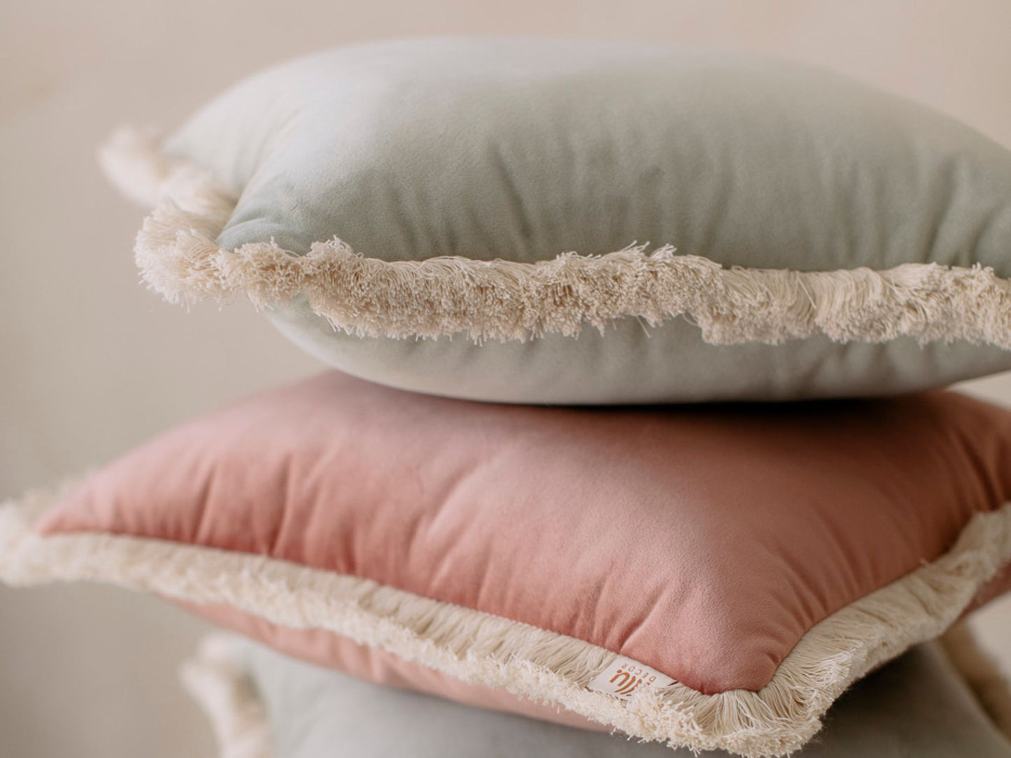 Pastel Eucalyptus Velvet Throw Pillow, Decorative Square Cushion with Cotton Fringe.