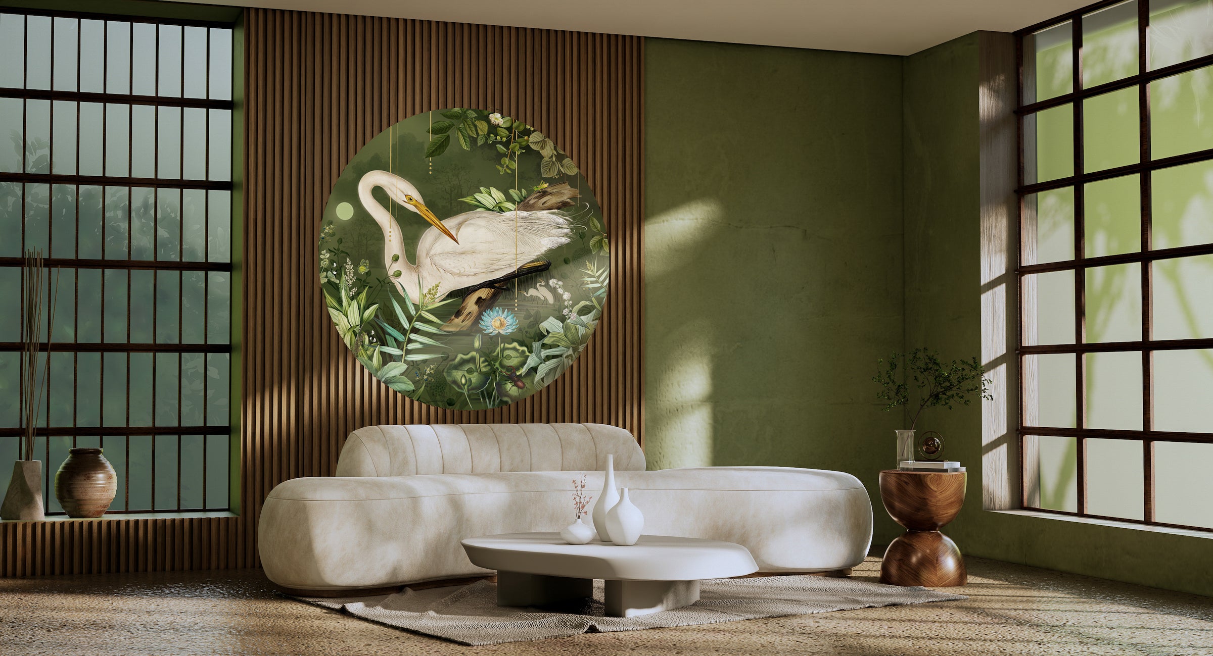 Round botanical bird wallpaper in modern living room