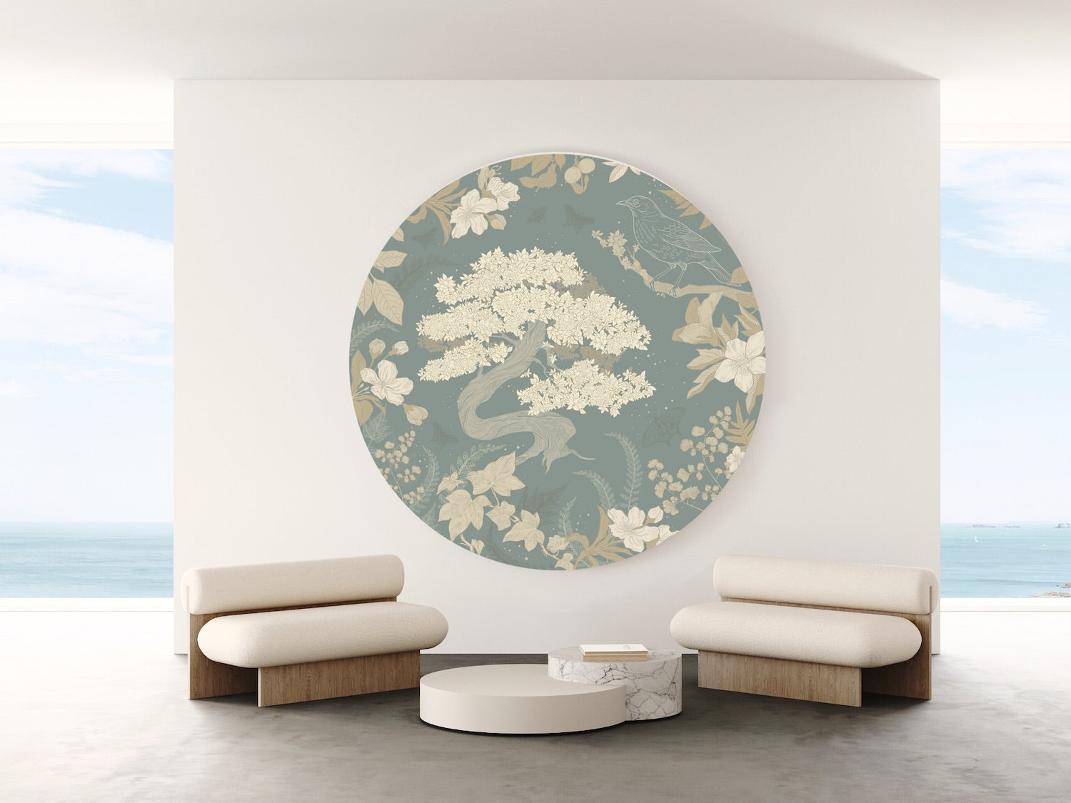 seaside view modern elegant aesthetic interior with mint wallpaper focal point