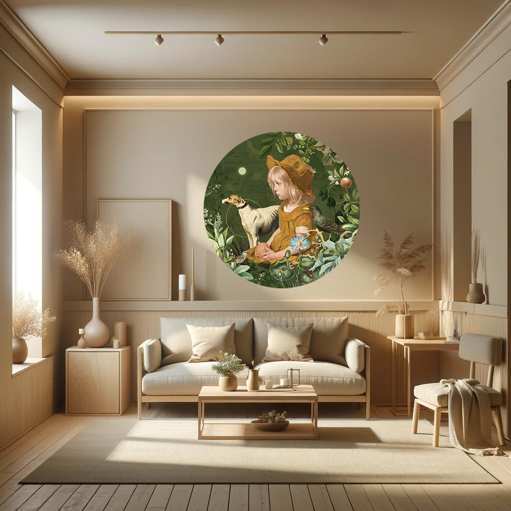 cozy boho room with a beautiful round poster of a girl with a dog