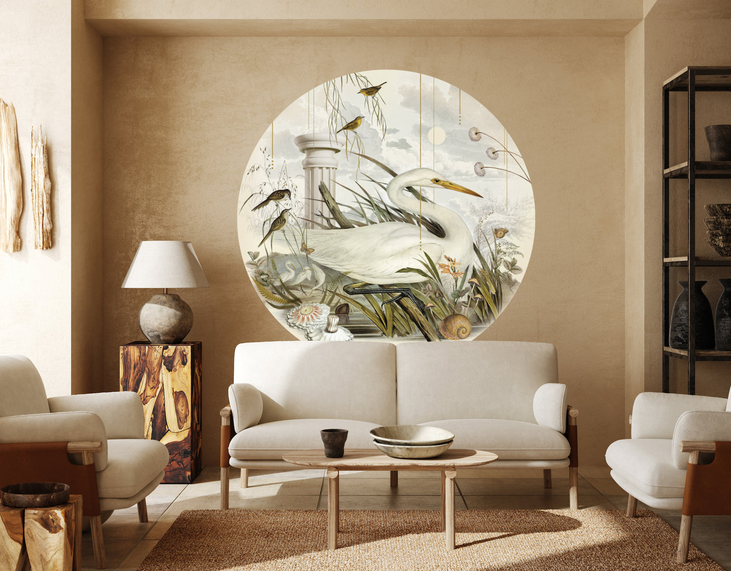 "Morning Bliss" Self-adhesive wallpaper, round vintage bird wall decal.