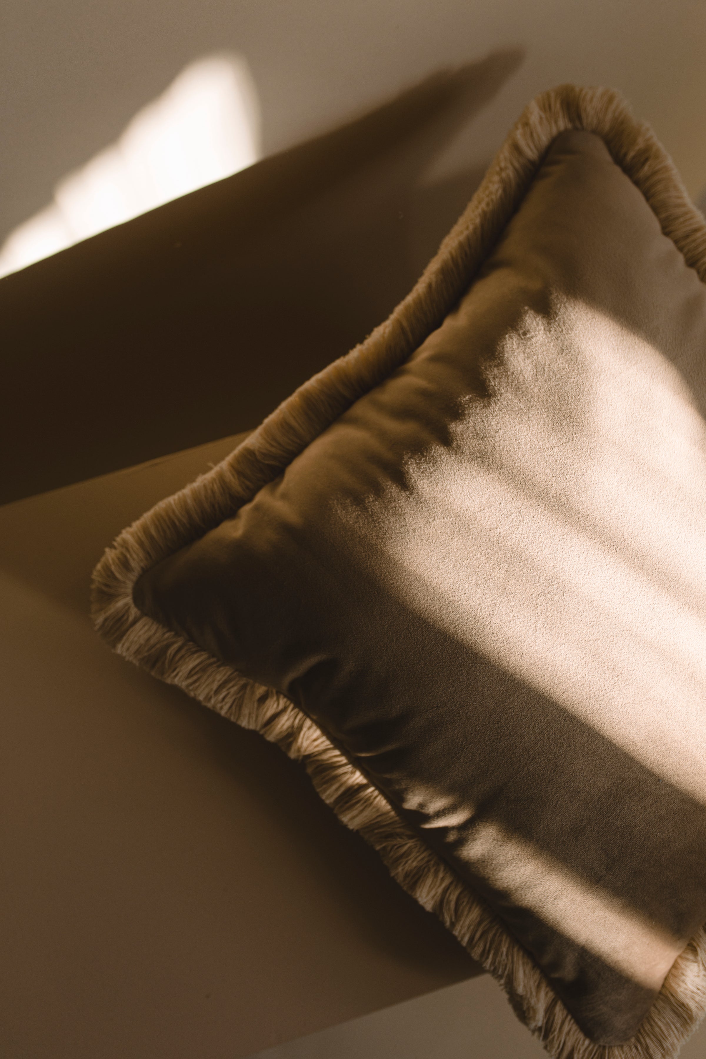 one side of a brown velvet cushion
