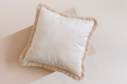 Cream White Velvet Throw Pillow, Decorative Square Cushion with Cotton Fringe.
