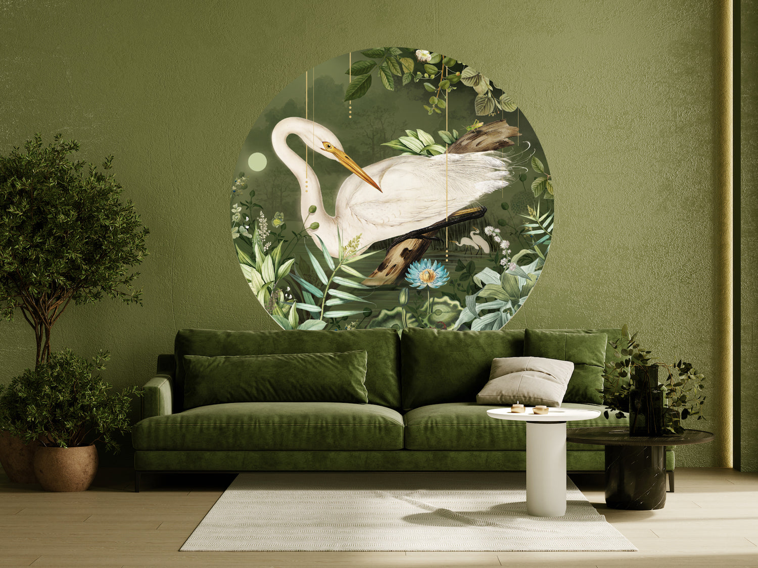 green forest vintage style wallpaper with bird design