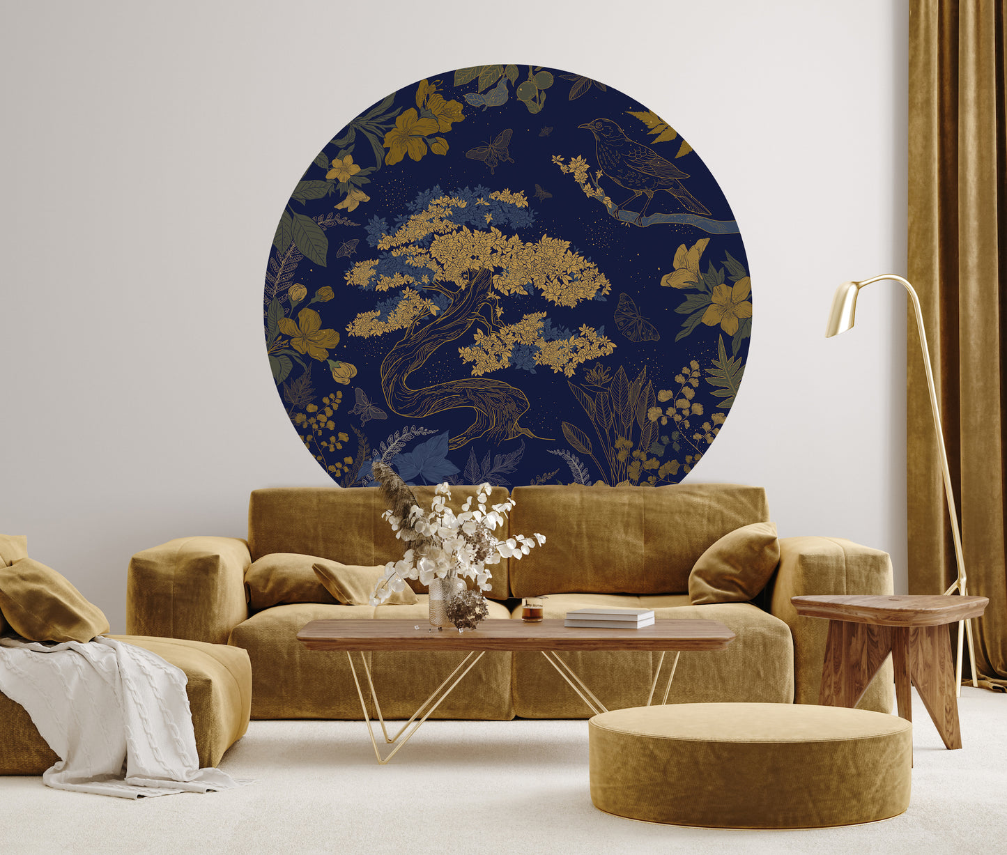 "Azure Midnight" Self-adhesive wallpaper, round deep blue wall decal.