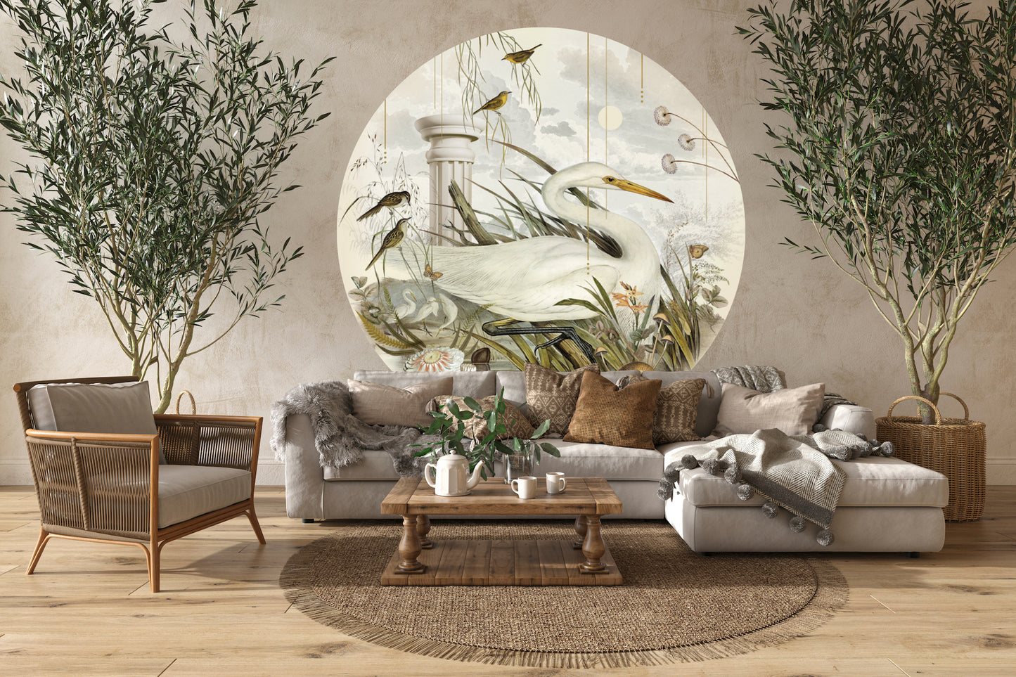 "Morning Bliss" Self-adhesive wallpaper, round vintage bird wall decal.